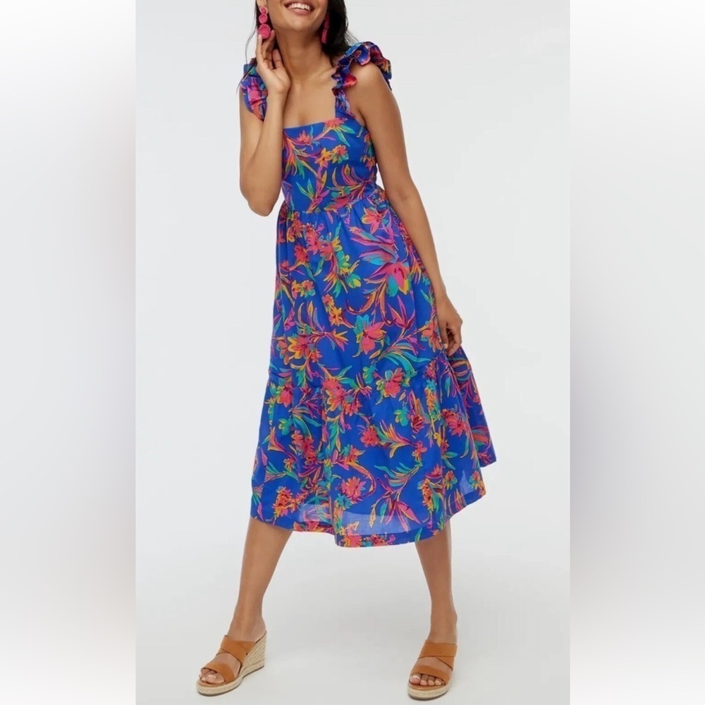 J. Crew Vibrant Floral Midi Dress With Side Pockets Size 00